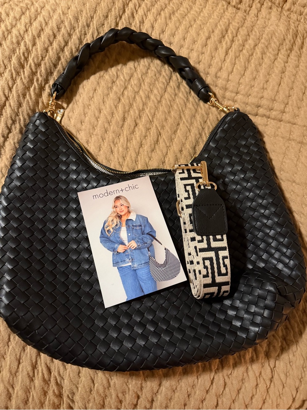 Modern+Chic Black Woven Shoulder Hobo with Patterned Detachable Strap